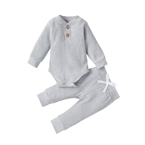 Generisch Ropa para recién nacidos, para niños y niñas, con botones sólidos, mameluco de manga larga, tops con cordón, pantalones, pijama, algodón, manga larga, mono para casa, ropa infantil, gris, 3
