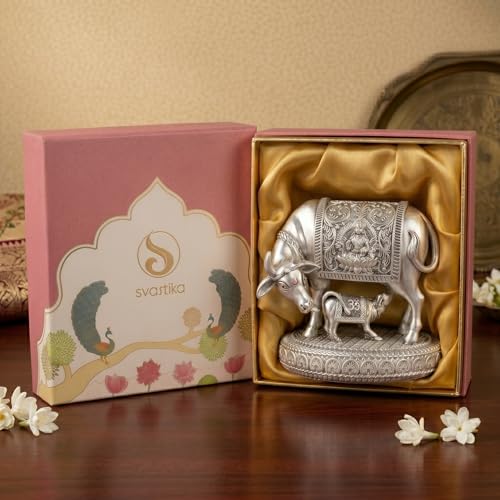 Image of Svastika 999 Silver Plated Kamdhenu Cow with Calf Idol | 4.5 Inch Premium Kamadhenu Vastu Showpiece | Gift Boxed | Wedding Housewarming for Couples