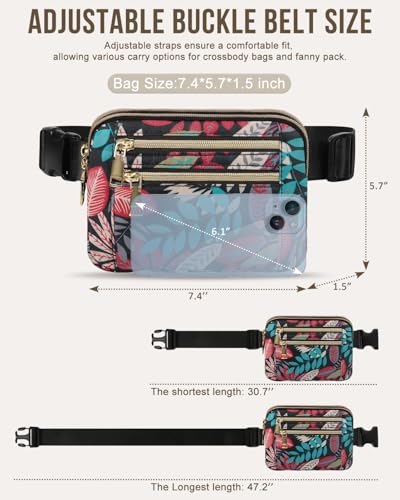 Image of Fanny Packs for Women 4 Zip Pocket Crossbody Belt Bag Waist Bags | Waterproof, Fashion Waist Pack, Crossbody Bags for Women, with Adjustable Strap, for Workout,Running,Traveling(Red Leaves,M)