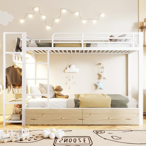 Moimhear Litera, marco de hierro, 2 cajones, varios estantes, con barra de luz LED, con barra para colgar ropa (blanco, 90 x 200 cm)