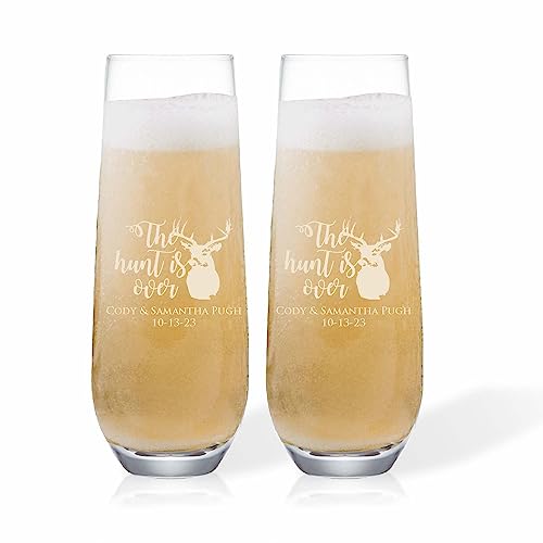 Krezy Case The Hunt is over flutes, Couple Flutes, Wedding Flutes, Bridal party Champagne Glasses, Customize Wedding Flutes, Bridal Shower Champagne Brunch, Brunch Party Stemless Champagne flutes