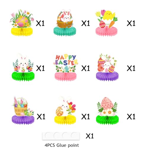 Image of 9 Pieces Easter Honeycomb Centerpieces Table Decor, Cute Bunny Chick and Eggs Happy Easter Spring Festive Pattern Table Topper Ornaments Signs, Holiday Easter Day Party Decorations