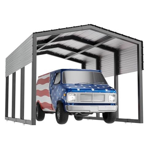 Image of Metal Carport 10x15ft Heavy-Duty | Military-Grade Reinforced Garage Kits with Steel Roof & Hurricane | 80lbs /Sq.Ft Snow /RV /Camper /Truck /Tractor Shelter Outdoor