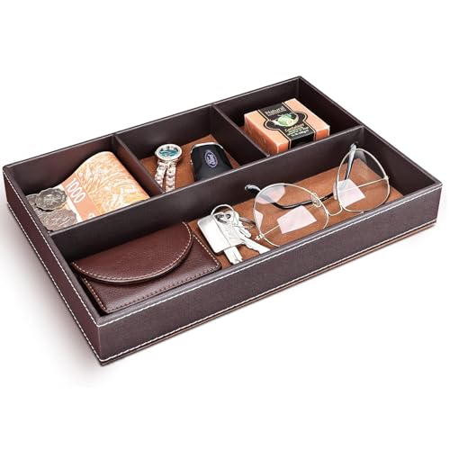 Bandeja de Valet Cuero, Bandeja de Almacenamiento, Organizador de Escritorio Organizador, para Cuarto de Baño, Hogar Salón Dormitorio Soporte Caja para Joyas, Mando a Distancia, Teléfonos, Marrón