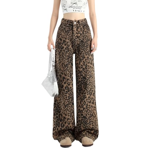 Leopard Print Jeans for Women Y2K Baggy High Waist Pants Cheetah Print Wide Leg Grunge Pants 2000s Vintage Cargo Pants