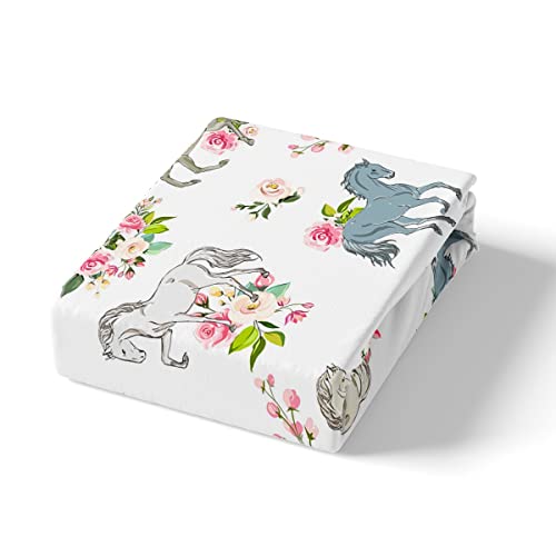 Horse Comforter Cover Galloping Horse Bedding Set Twin For Kids Teens,Rustic Sunflower Blue Florals Duvet Cover For Boys Girls Bedroom Decor,Cartoon Farm Animals Bed Sets With 1 Pillowcase,White #TOP3