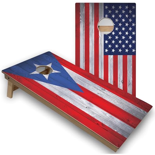 Skip's Garage Puerto Rico & USA Flag All-Weather Cornhole Boards - PVC - Include CASE + Edge Lights