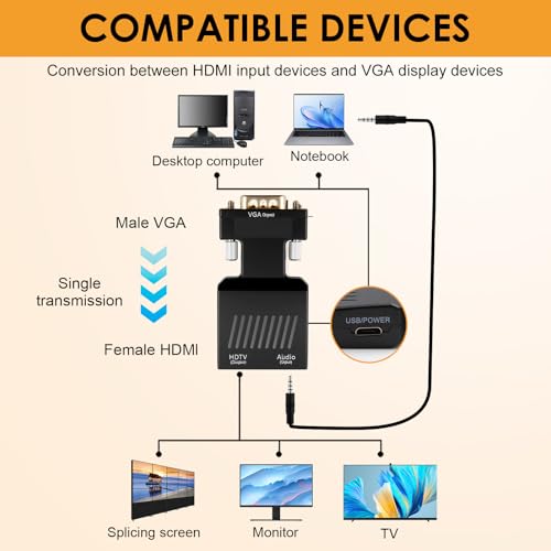 Solryn Von VGA auf HDMI Adapter mit Audio 1080P VGA Stecker zu HDMI Buchse Konverter für Alter PC zu TV Monitor, Konverter Aktiv für Ältere Laptop Beamer Projector PC Monitor HDTV