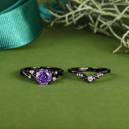 Image of Jeulia 2PCS Wedding Ring Set for Women 1.5 ct Black Thorn Purple Rose Cut 925 Sterling Silver Gothic Bat Design Engagement Ring Vintage Jewelry with Gift Box