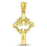 Sonia Jewels 14K Yellow Gold Diamond-Cut Ornate Religious Christian Cross Crucifix with Holy Spirit Dove Pendant Charm (18x12 mm).