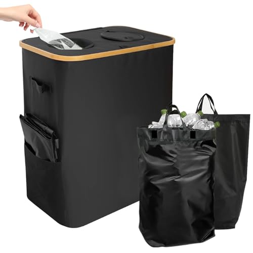 Deposit Bottle Collector Bins with Lid, 140L Large Bottle Bins,Storage Empty Bottle Collector with 2 Removable Carry Bag,Deposit Container,Portable Bag Reusable Recycling Bins for Kitchen, Home, Grey