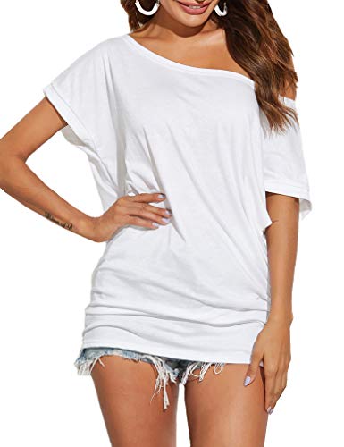 Poetsky Womens Casual One Off Shoulder Shirts Loose Fitting Batwing Top Blouse (L, A1 White) #TOP2