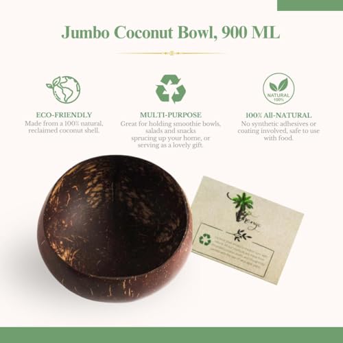 Image of Thenga Jumbo Coconut Shell Bowl - 900 ML | Eco-Friendly Handmade Dish with Coconut Wood Spoon for Smoothie, Salad, Breakfast & More | Natural Artisan Tableware - 20 Bowl + 20 Spoon