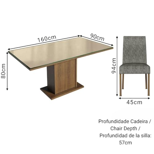 Image of Madesa 4 Seater Dining Set Rectangular Glass Table Top Sturdy Wooden with Fully Cushioned Seats 160 Cm for Dining Room and Kitchen - Brown /Beige /Grey