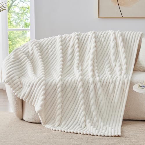 Image of BEDELITE Fleece Throw Blanket for Couch - 300GSM Soft & Warm Fluffy Cream White Blanket, Decorative and Giftable Striped Blankets for Women, Men, 50 inchx60 inch (Pack of 2)
