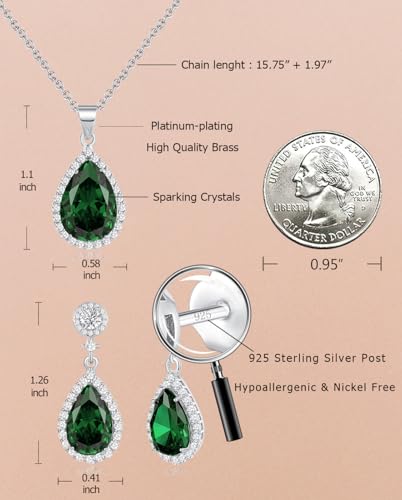 Jewelry Sets For Women 925 Sterling Silver Post Teardrop Dangle Stud Earrings Necklace Set Crystal Rhinestone Wedding Prom Costume Jewelry for Women3