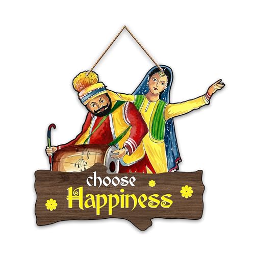Image of Decor Smart Wooden Wall Hanging | Decorative Wall Art | Punjabi Couple Design Plaque | Choose Happiness Quote Sign | Ethnic Style Home Decor Accent | Decoration for Living Room and Entryway (DWA 8705)