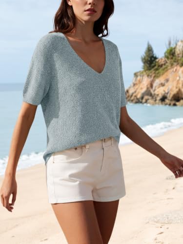 Image of Saodimallsu Womens Short Sleeve Sweater Summer V Neck Casual Tops Lightweight Loose Knit Pullover Shirts