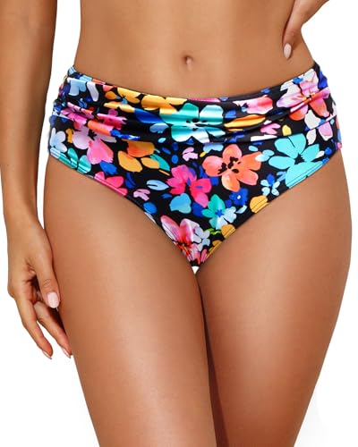 Image of Tempt Me Women Mid Rise Bikini Bottoms Full Coverage Swimsuit Ruched Scrunch Swim Bottom