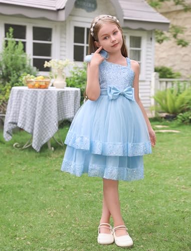 OBEEII Birthday Dress for Toddler Girl Sequins Pageant Tulle Tutu Dress Bowknot Princess Baptism Wedding Flower Girl Gown3