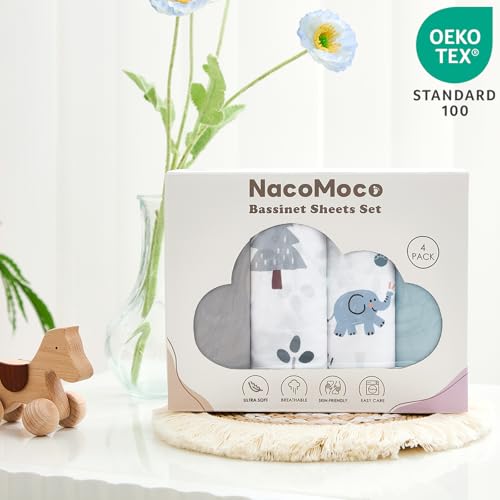 4 Pack Bassinet Sheets - 30"x18" Bassinet Fitted Sheets for Halo BassiNest, 4moms MamaRoo, Chicco LullaGlide and Other Small Size Bassinet | Ultra Soft & Skin Friendly Bassinet Sheets for Boys Girls
