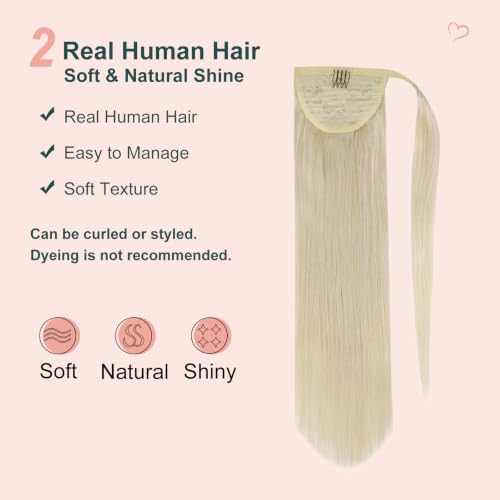 Image of Easyouth 18 Inch Ponytail Hair Extensions Blonde, Wrap Around Ponytail Extension White Blonde, 80G Human Hair Pony Tail Extension, for Short Hair