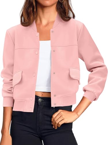 Image of Tankaneo Womens Cropped Bomber Jackets Casual Button Down Long Sleeve Stand Collar Varsity Shacket Coats