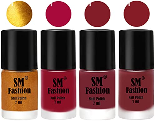 Image of Nail Polish Combo Set (Pack of 4) Quick Dry Gel Finish Nail Paint | Golden,Raspberry,Lip,Plum | 7 ml Each