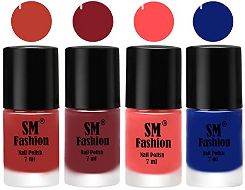 Image of Nail Polish Combo Set (Pack of 4) Quick Dry Gel Finish Nail Paint | Dark Peach,Plum,Peach Pink,Blue | 7 ml Each