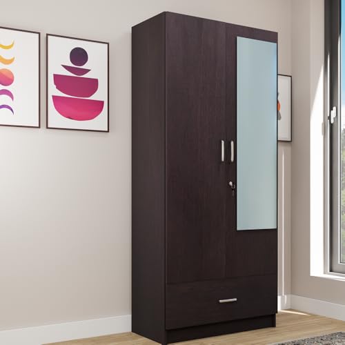 Image of VIKI Wardrobe | Wooden Almirah for 2 Door Wardrobe with 1 Drawer & Hanging Space with Mirror (Dark Wenge - 40D x 80W x 180.8H) | 1 Year Warranty | Free Assembly