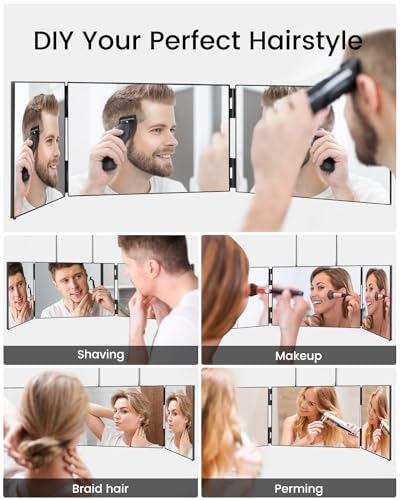 Vanexiss 3 Way Mirror,360 Mirror Self Cut Hair,Adjustable & Foldable Portable Trifold Mirrors with Height Retractable Hook,for DIY Haircut,hair Coloring,Hair Braiding,Shaving,Makeup