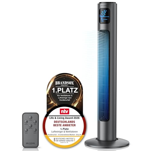 Brandson - Turmventilator mit Fernbedienung 96 cm - Preisträger 2026 - mobiler Lüfter leise - Standventilator mit Oszilation - 3 Geschwindigkeiten 3 Lüftungs-Modi Timer - Ventilator mit GS - Cool Grey 1