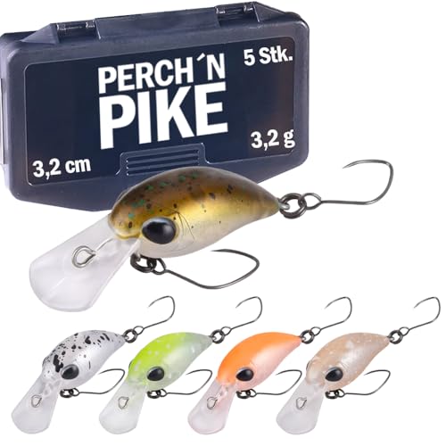 5er Forellenköder Set mit Tackle-Box, 3,2cm I 3,2g auftreibende Mini Wobbler, Kunstköder für Forelle und Barsch, Angelzubehör in verschiedenen Dekoren für Raubfischangler (Set 1 - 3,2g/3,2cm)
