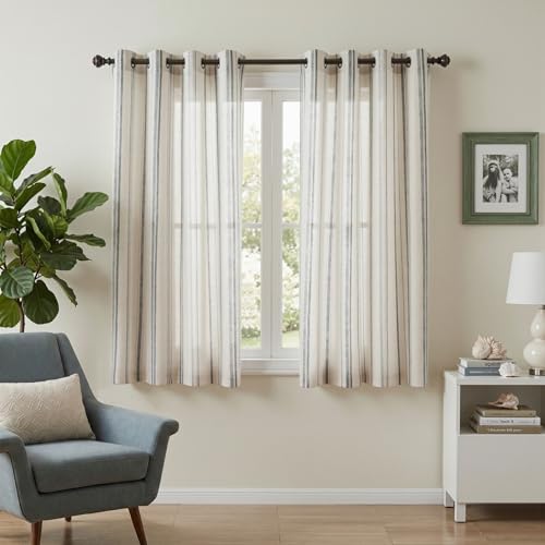Image of MYSKY HOME Grey Striped Curtains 63 Inches Long Linen Blend Farmhouse Gray Ticking Stripe Pinstripe Print Curtains for Bedroom Light Filtering Window Drapes, Grommet, 2 Panels, 52 inch Wide