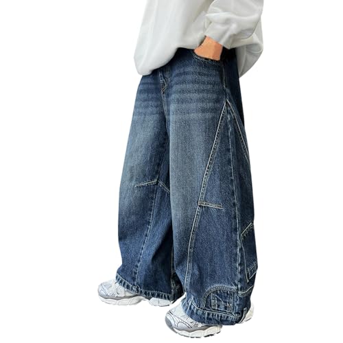 Cargo Jeans for Boys Wide Leg Denim Pants Elastic Waist Baggy Straight Leg Trousers Casual Loose Pants with Pocket