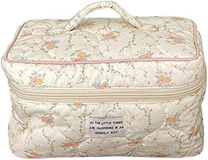 Juoxeepy Cotton Makeup Bag Large Travel Cosmetic Bag Quilted Cosmetic Pouch Coquette Aesthetic Floral Toiletry Bag, A-Beige, 10x5.9x5.3in