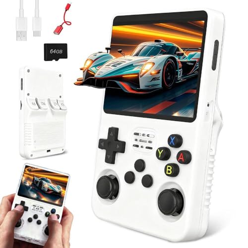 R36s Handheld Game Console, Retro R36s Game Console with 64G TF Card, 3.5 In Screen Linux System Retro Games Console Handheld (White, 64, GB)