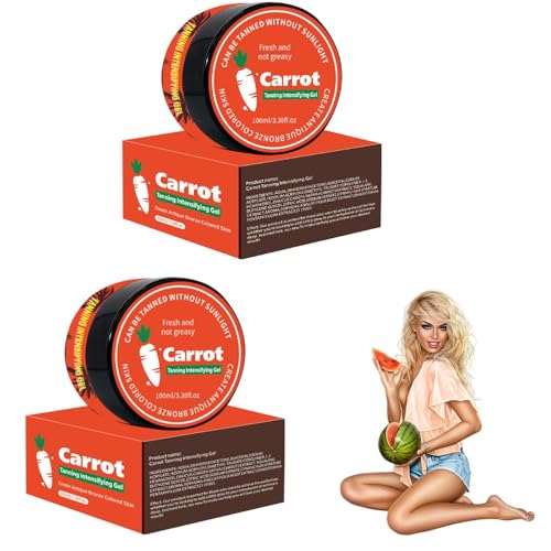 Gel intensificador del bronceado de zanahoria, acelerador del bronceado en camas solares, con aceite de coco y vitaminas A y E. Logra un bronceado natural con ingredientes naturales.