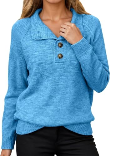 Suéter de punto trenzado con botones y cuello alto para mujer, color sólido, casual, de manga larga, holgado, moderno, casual, trabajo, negocios, azul, L