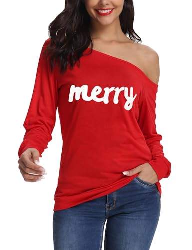 Festive Christmas Tees Women Off Shoulder Long Sleeve 24 christmas tees - red 8