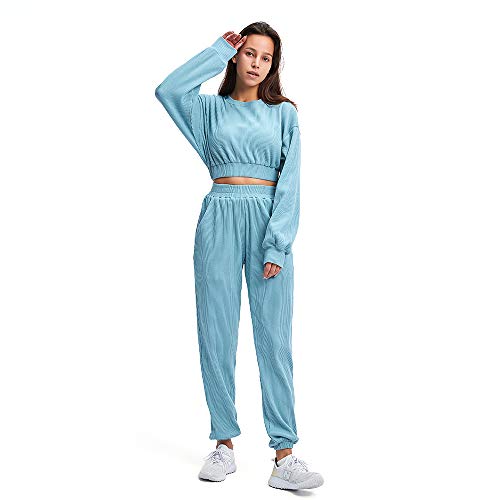 Aoxjox Sweat Suits for Women Set 2 piece Outfit Ribbed Cropped Oversized Sweatshirt with Full Length Cuffed Joggers (Teal, Medium)