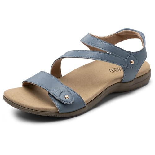 Rihero Orthopedic Sandals for Women Arch Support Comfortable Flat Sandals with Adjustable Strap for Summer Beach Walking, Dark Blue, 8.5