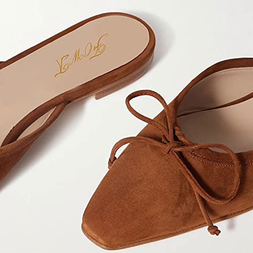 FOWT Women Low Heel Closed Almond Toe Slingback Mules,Two Toned Bow Knot Suede Slippers,Slip on Leisure Ladies Flats for Indoor Dating and Vacation,4-16 US Size3