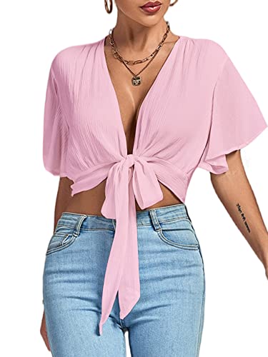 Image of LYANER Women's Sexy Deep V Neck Tie Front Wrap Cropped Blouse Bell Short Sleeve Ruffle Crop Tops