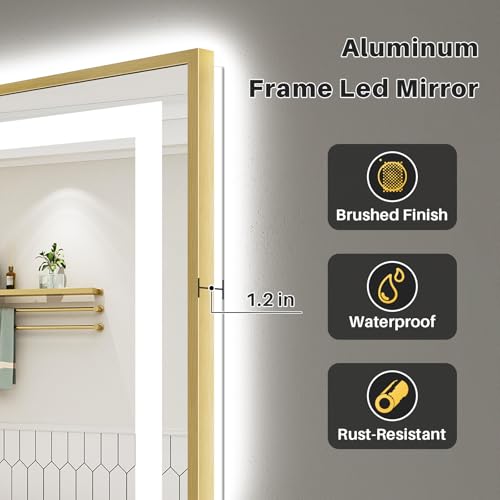 Image of 96X36 Inch LED Bathroom Mirror with Gold Frame, Backlit & Front Lit, Anti-Fog Lighted Bathroom Vanity Mirror for Wall, Memory Function, Dimmable, HD Tempered Glass, Shatter-Proof