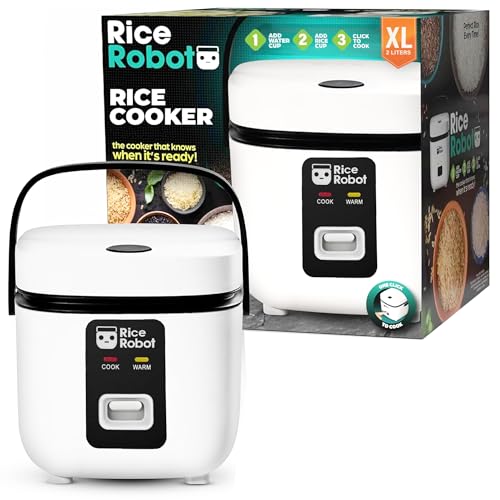Rice Robot XL Personal Rice Cooker, PFAS-free, Nonstick. 2 Quarts Capacity, with Stainless Steel Steamer Tray, Measuring Cups, Recipe Book with 120 Recipes, and Serving Spoon, As Seen On TV