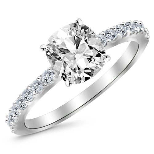 White Gold Classic Sidestone Pave Set Diamond Engagement Ring with a 1.2 Carat Cushion Cut K Color VVS2 Clarity Center Stone
