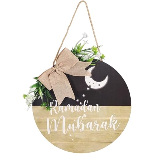Letrero redondo de madera Eid Mubarak con grabado caligráfico para puerta 2