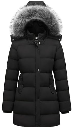 Image of GGleaf Winter Coats for Women Hooded Warm Long Puffer Parka Jacket with Fur Hood Black X-Large