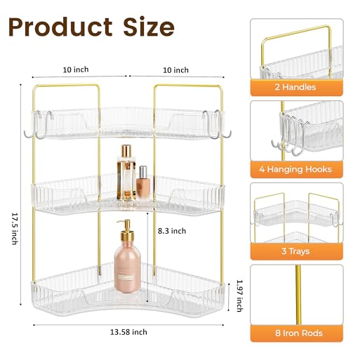 Image of Corner Bathroom Counter Organizer 3-Tier Bathroom Organizer Countertop with Hooks Perfume Organizers Storage Shelf for Makeup & Skincare Dresser-Clear